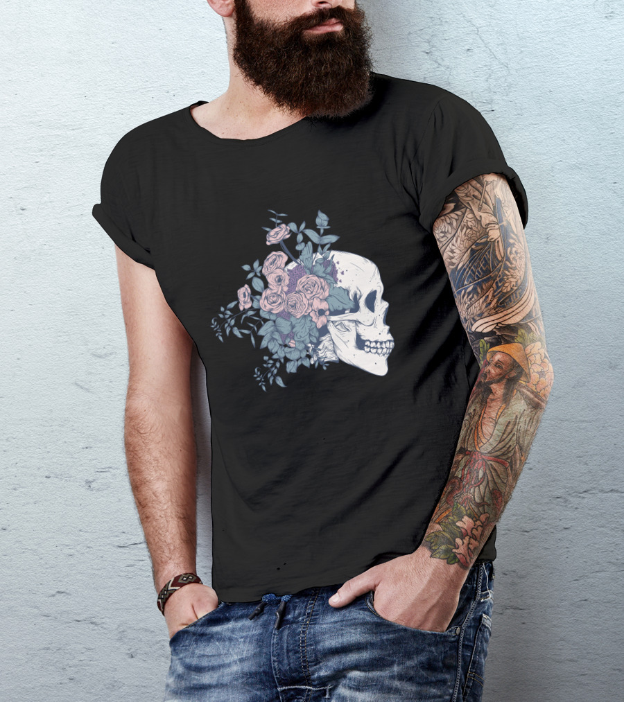 Floral Beauty Skull With Roses And Leaves T-Shirt