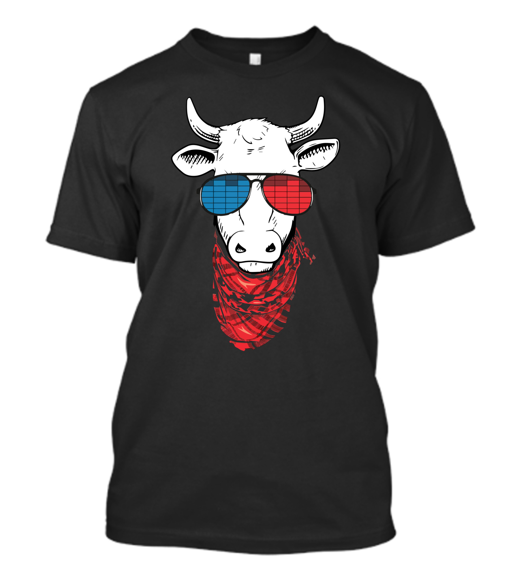 Funny Cow Heifer In 3D Glasses With Red Plaid Bandana T-Shirt