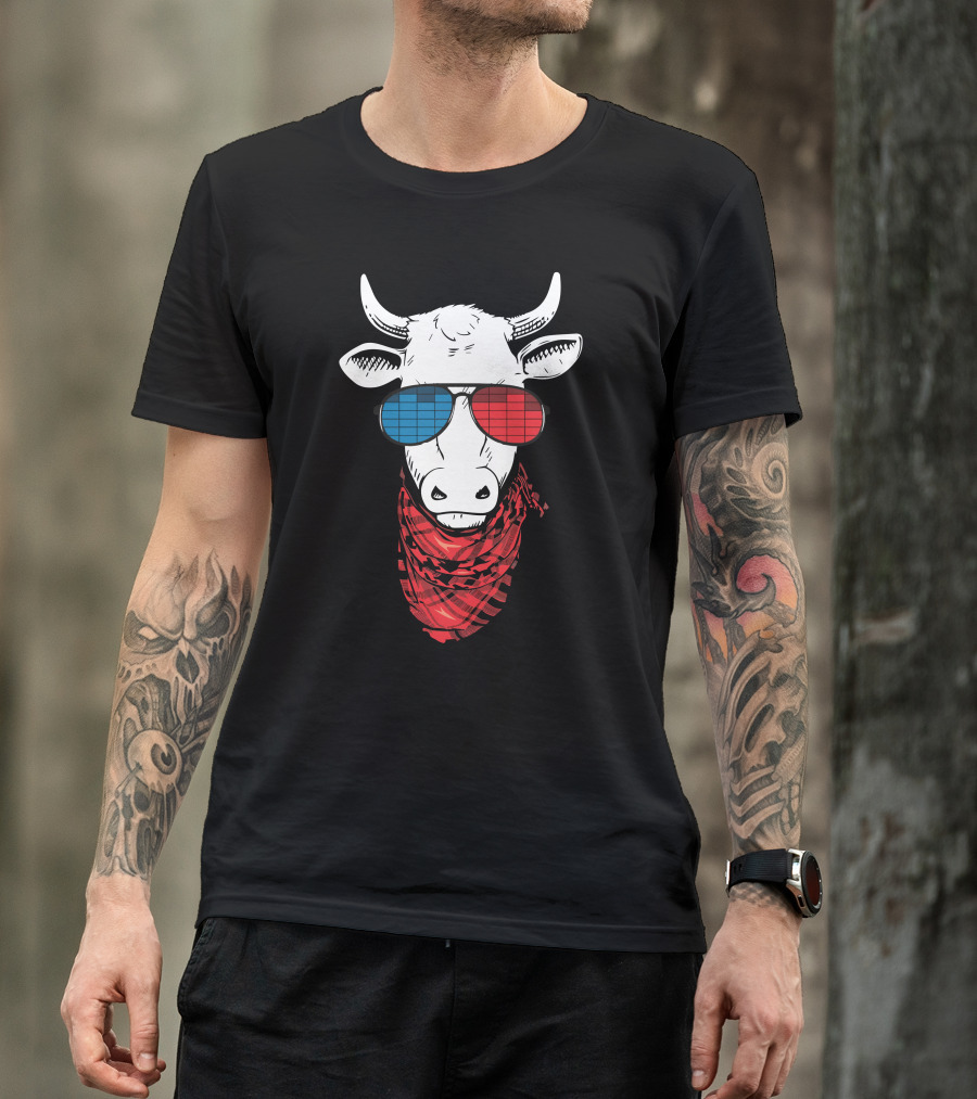 Funny Cow Heifer In 3D Glasses With Red Plaid Bandana T-Shirt