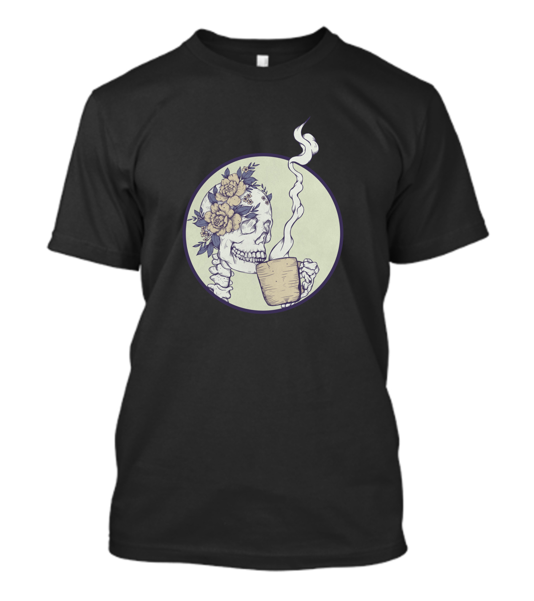 Good Vibes Floral Skull With Coffee Mug And Steam T-Shirt
