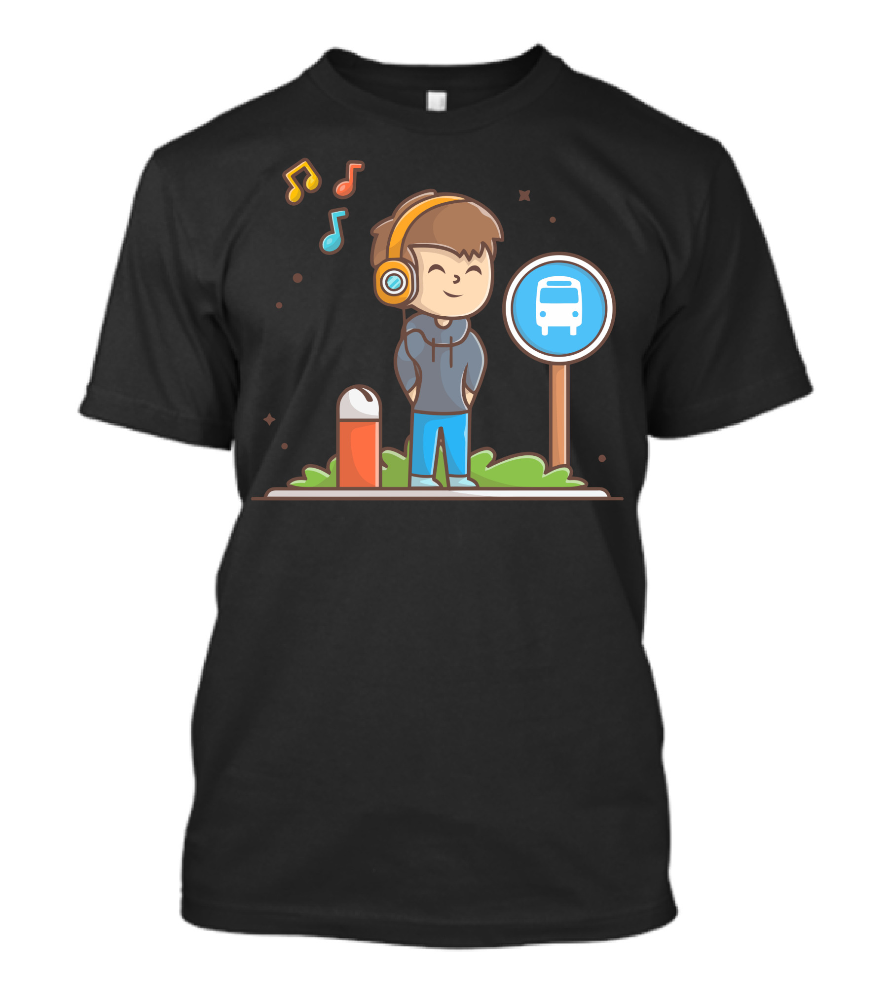 Happy Boy With Headphones Listening To Music At Bus Stop T-Shirt