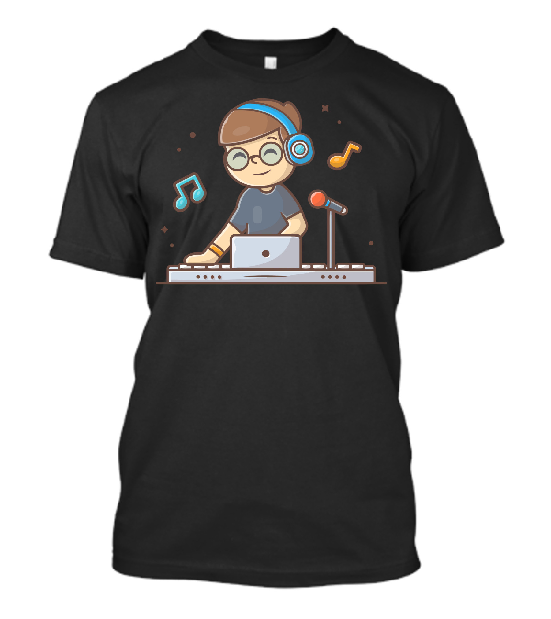 Cheerful DJ With Headphones And Musical Notes Performance T-Shirt