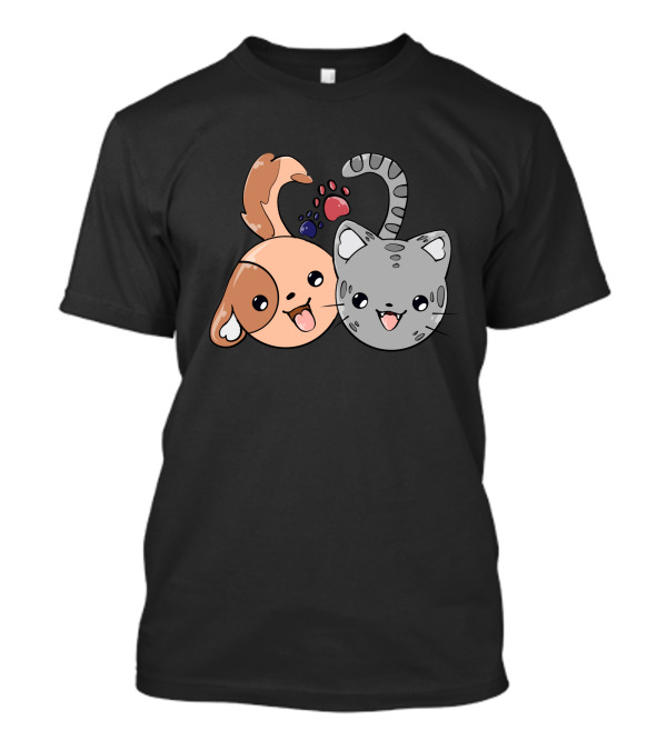 Happy Dog And Cat Faces With Colorful Paw Prints T-Shirt