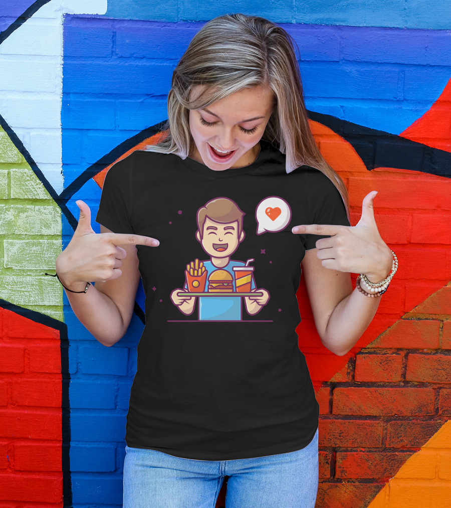 Happy Man With Hamburger, French Fries, And Drink Heart T-Shirt
