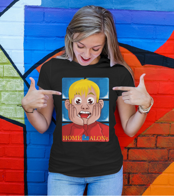 Home Alone Kid Cartoon Surprised Face Hands On Cheeks Yellow Hair Red Sweater Blue Square T-Shirt