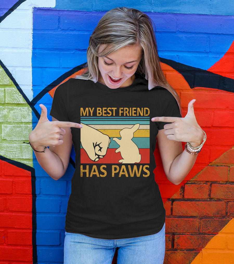 MY BEST FRIEND HAS PAWS BUNNY VINTAGE STRIPES PAW FIST BUMP T-Shirt