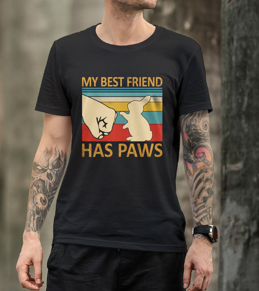 MY BEST FRIEND HAS PAWS BUNNY VINTAGE STRIPES PAW FIST BUMP T-Shirt