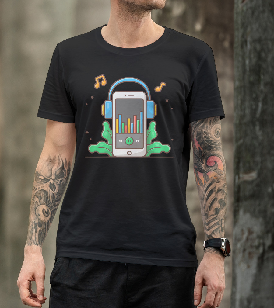 Online Music Player Smartphone With Headphones And Musical Notes T-Shirt