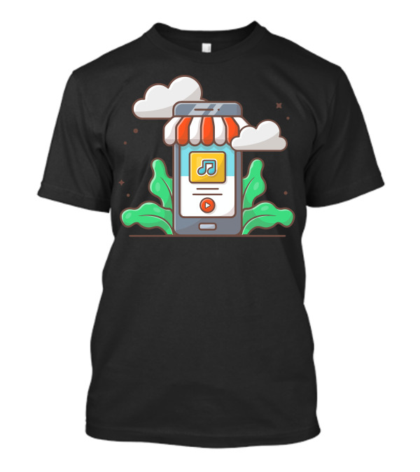 Online Music Store Mobile Music Shop With Note And Clouds T-Shirt
