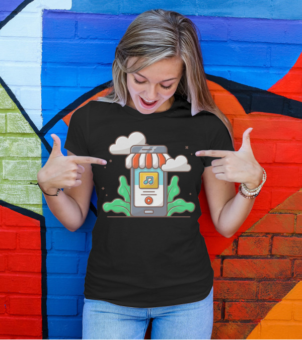 Online Music Store Mobile Music Shop With Note And Clouds T-Shirt
