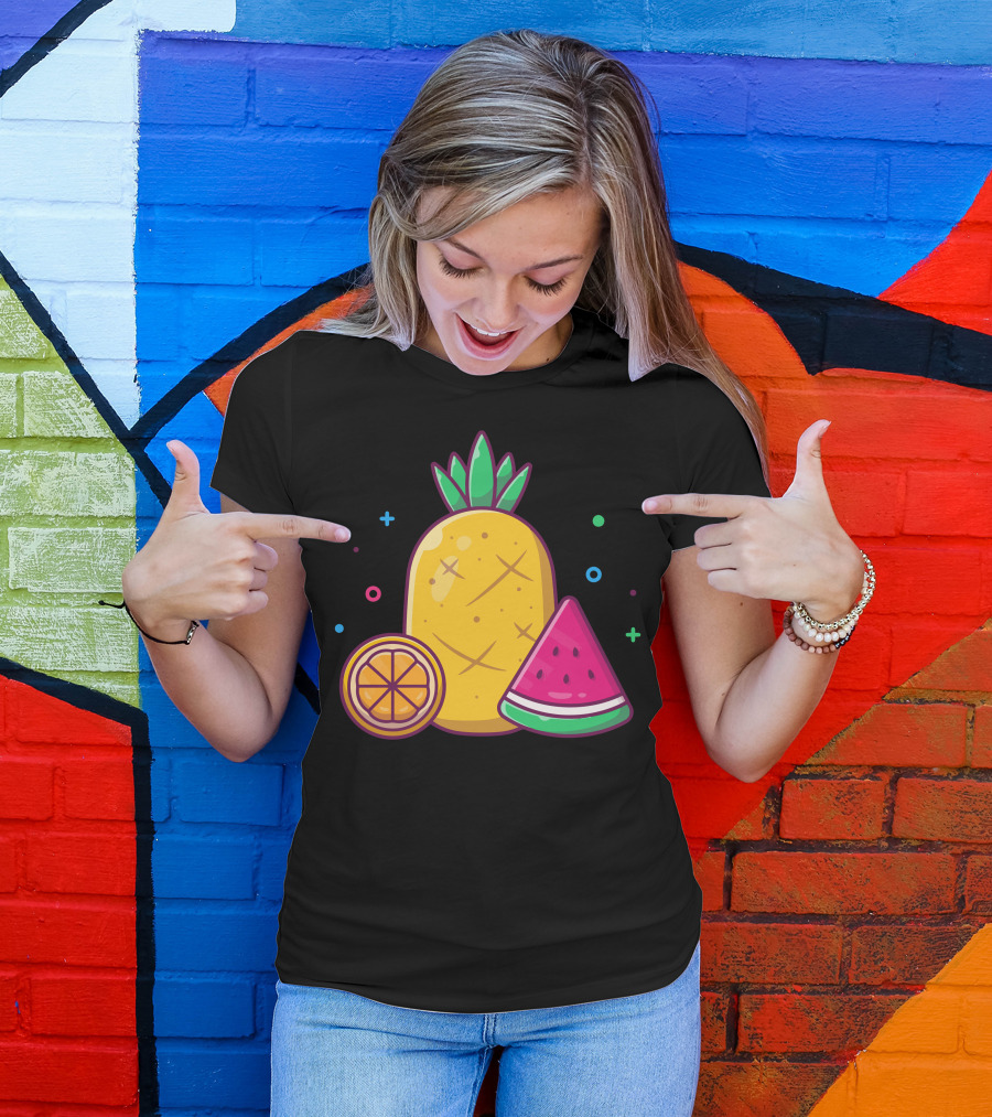 Pineapple Watermelon Orange Trio With Colorful Geometric Accents T-Shirt