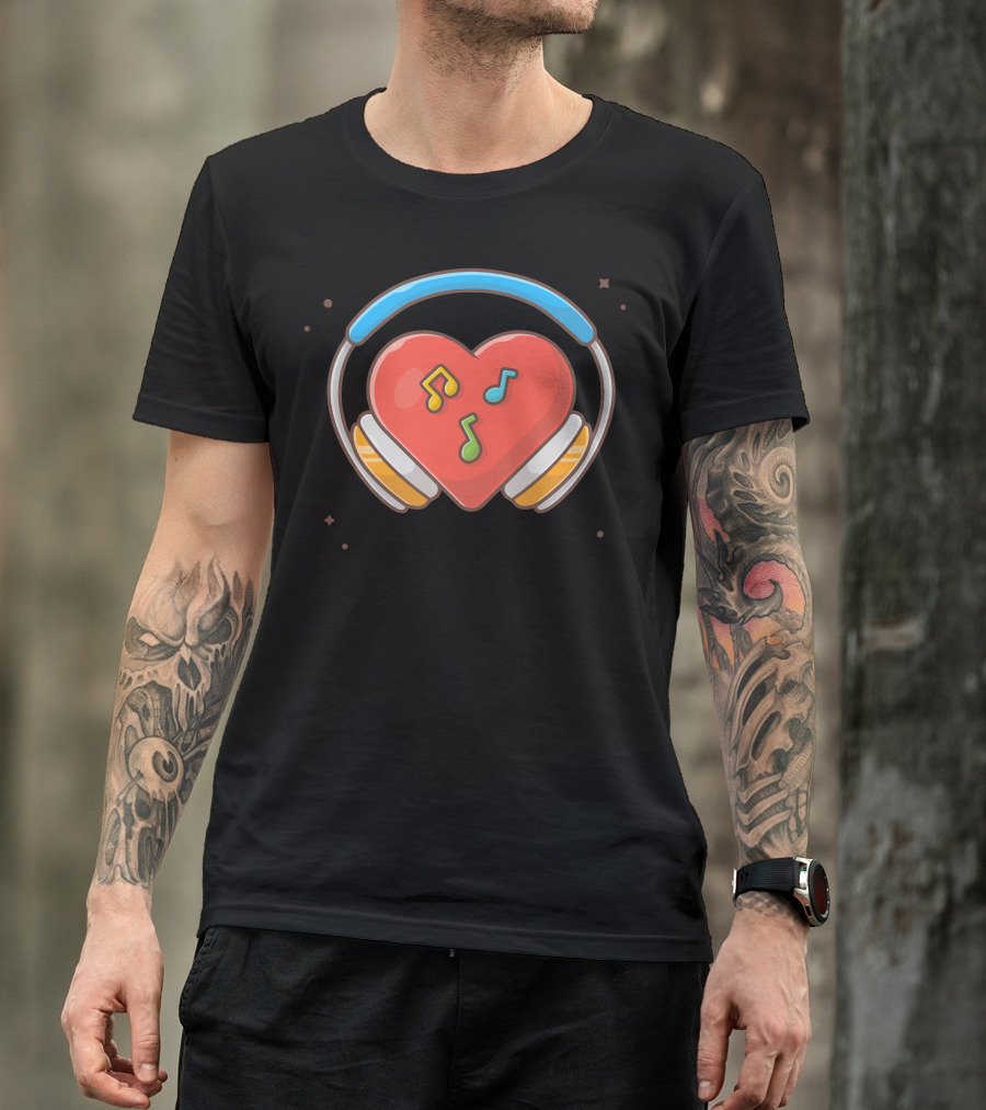 Red Heart Love Music Headphone With Colorful Notes T-Shirt