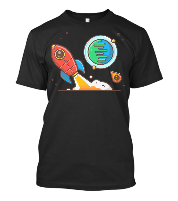 Rocket Launch With Planet And Meteorite Cartoon T-Shirt