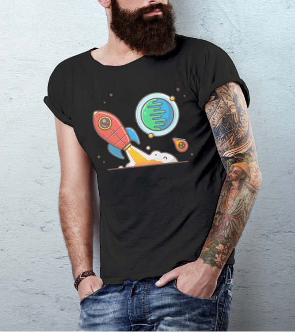Rocket Launch With Planet And Meteorite Cartoon T-Shirt