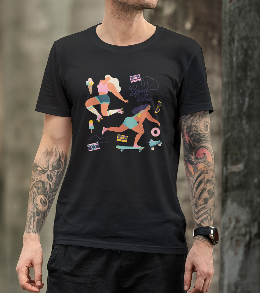 Good Vibes Roller Skating Girls Ice Cream And Cassette Fun T-Shirt