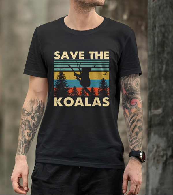 SAVE THE KOALAS Retro Striped Silhouette With Trees And Birds T-Shirt