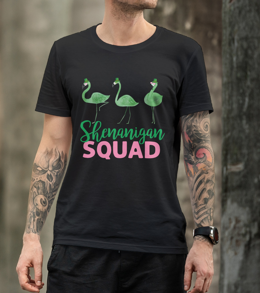 Shenanigan Squad With Green Flamingos In St. Patrick's Day Hats T-Shirt