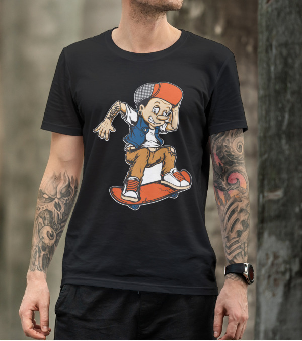 Skateboarder Cartoon Character With Tattoo And Red Cap T-Shirt