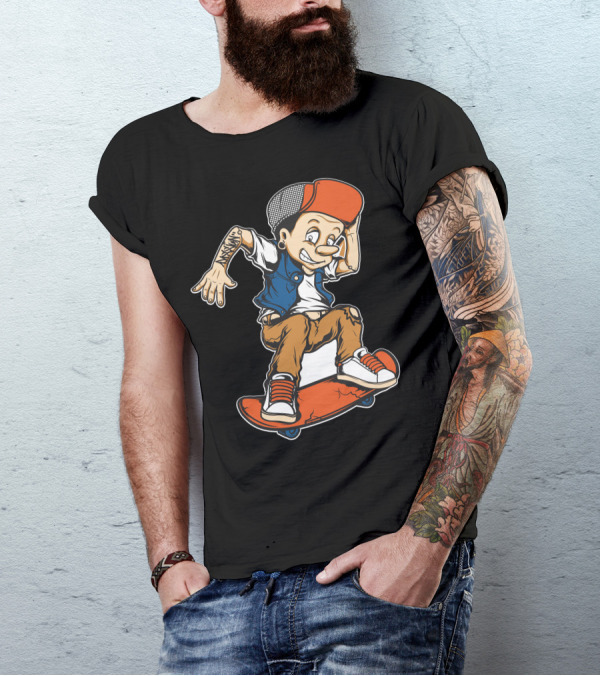 Skateboarder Cartoon Character With Tattoo And Red Cap T-Shirt