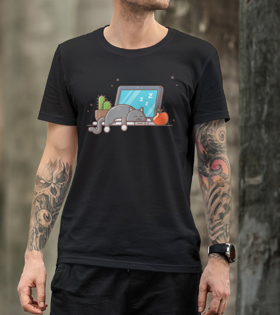 Sleeping Cat With Cactus On Laptop And Apple T-Shirt