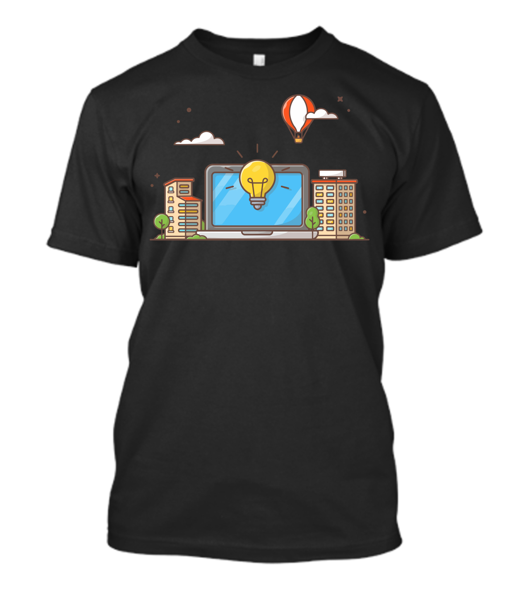 Smart City Laptop Lightbulb Hot Air Balloon Scene T-Shirt