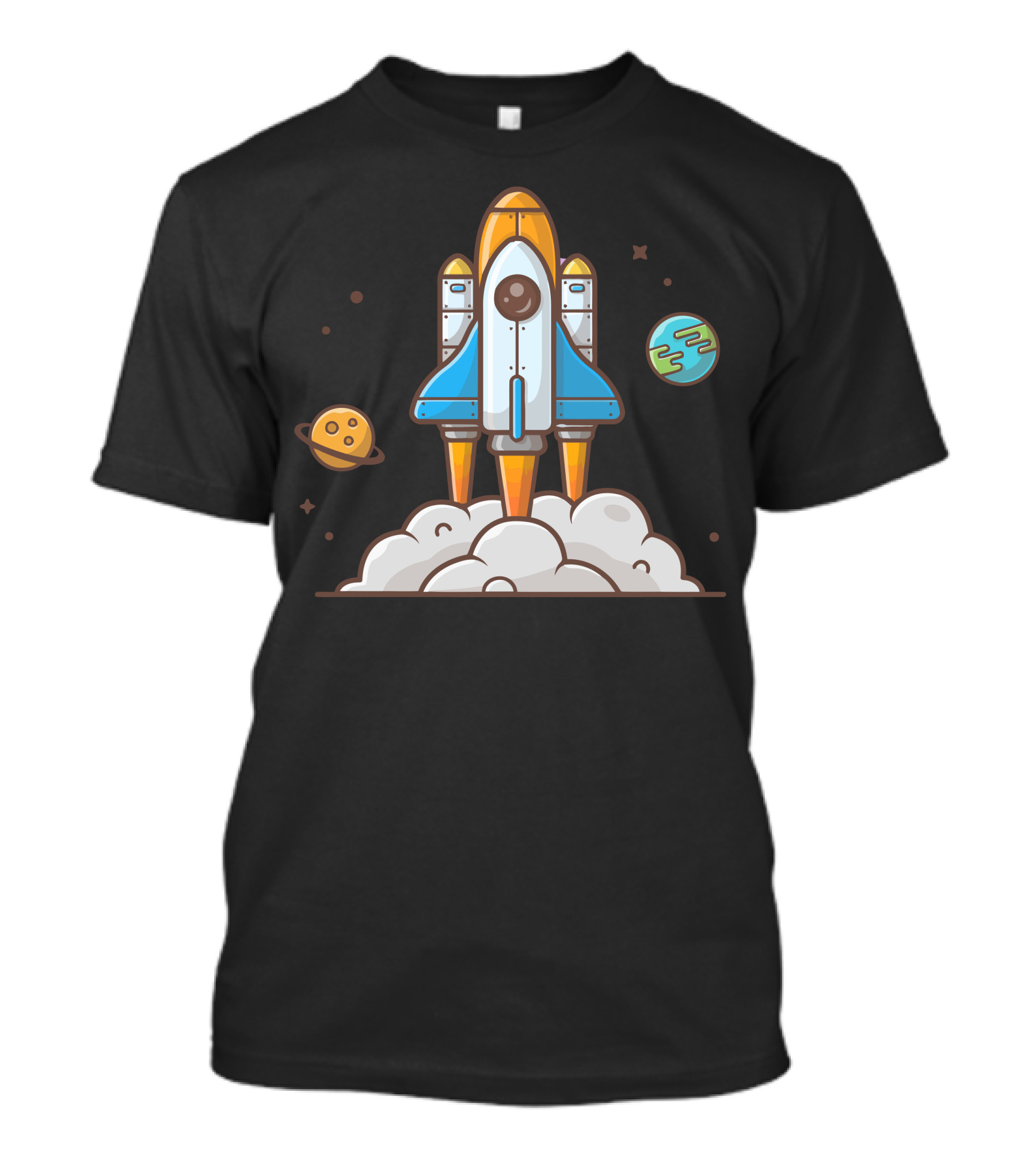 Space Shuttle Launch With Saturn And Earth Planets In Space Scene T-Shirt