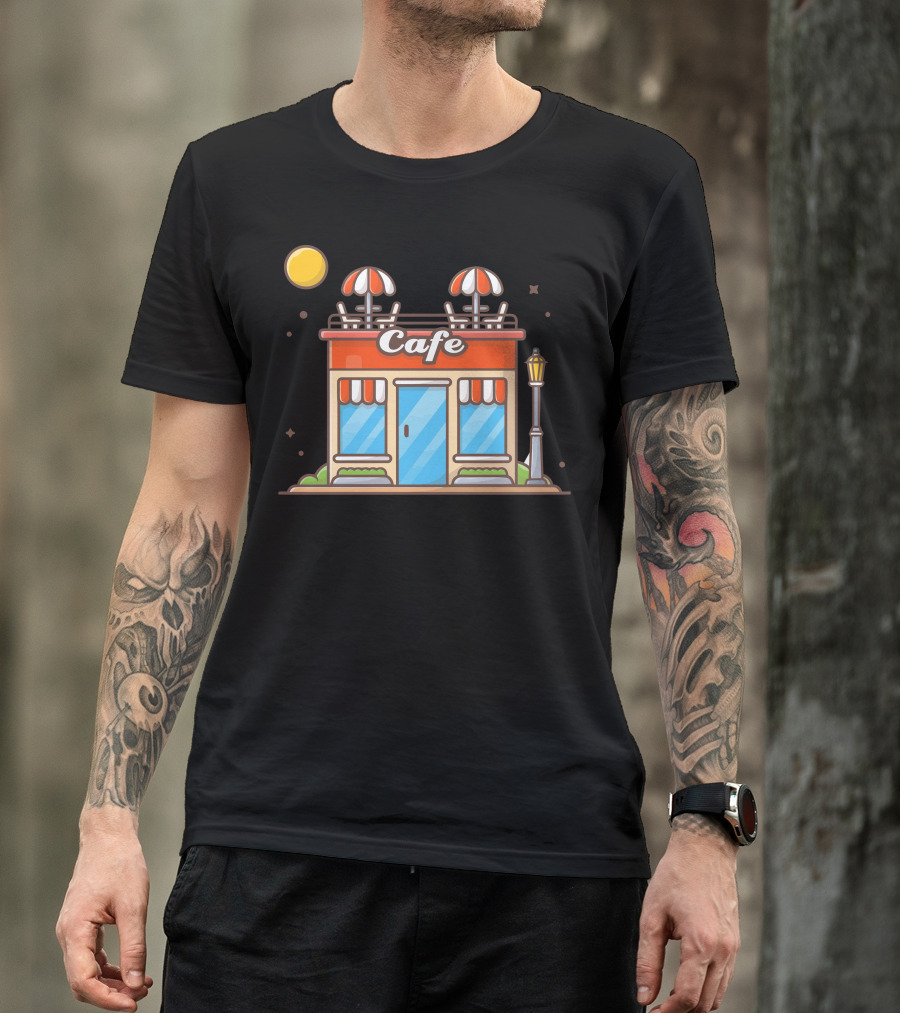 Cafe Street Coffee Shop Building Under Night Sky With Moon And Lamppost T-Shirt