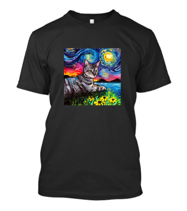 Tabby Tiger Cat In Vibrant Starry Night Garden Scene T-Shirt