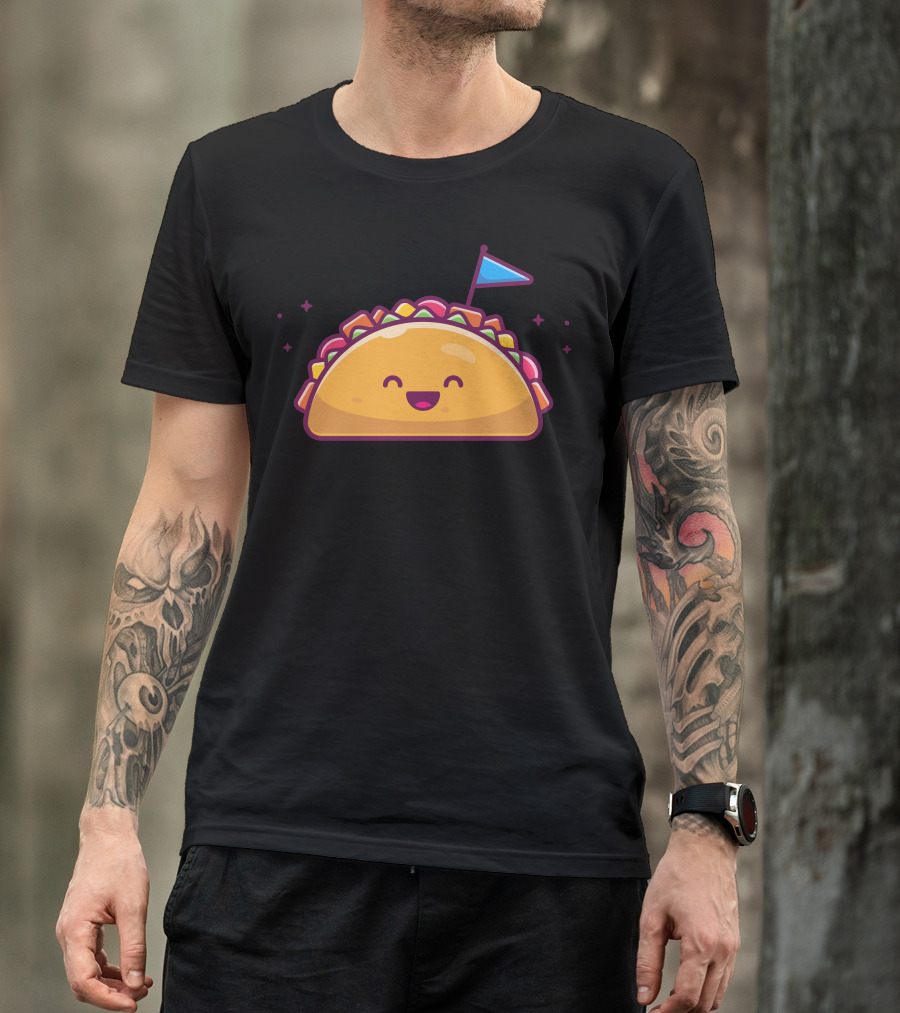 Kawaii Smiling Taco With Blue Flag And Colorful Toppings T-Shirt