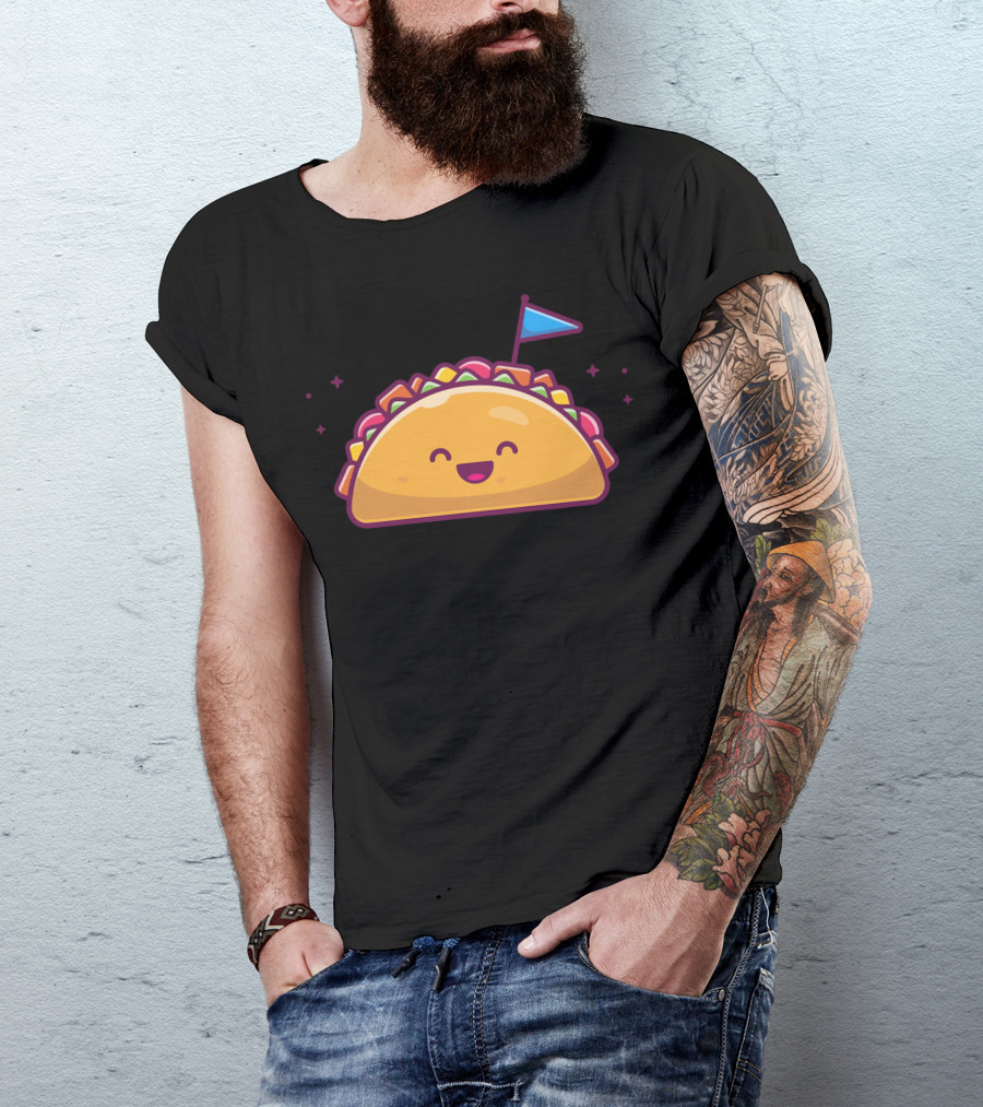 Kawaii Smiling Taco With Blue Flag And Colorful Toppings T-Shirt