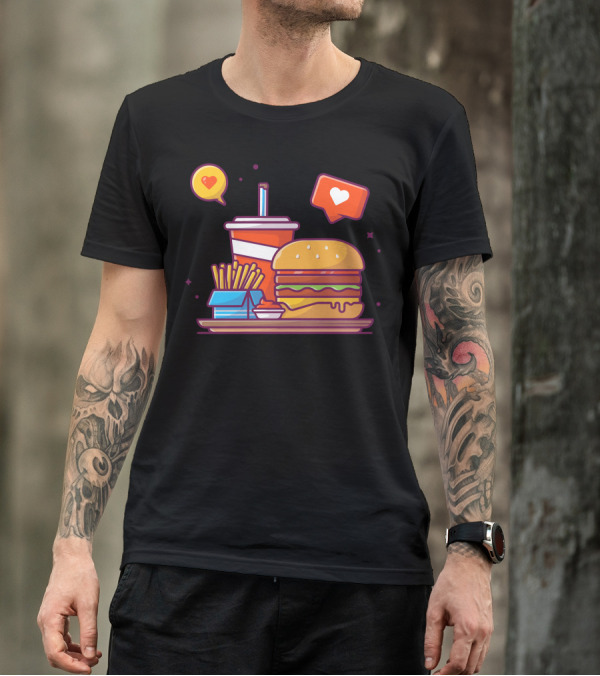 Tasty Combo Menu Hamburger French Fries Soda And Sauce With Love Icons T-Shirt