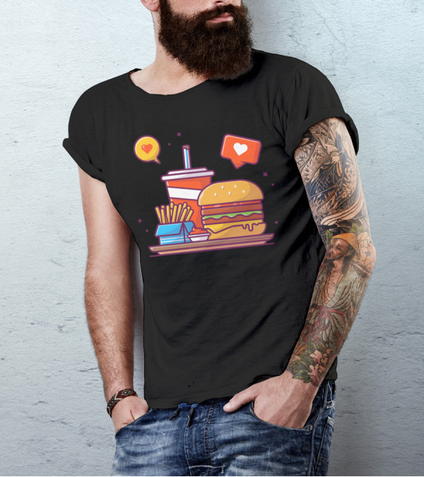 Tasty Combo Menu Hamburger French Fries Soda And Sauce With Love Icons T-Shirt