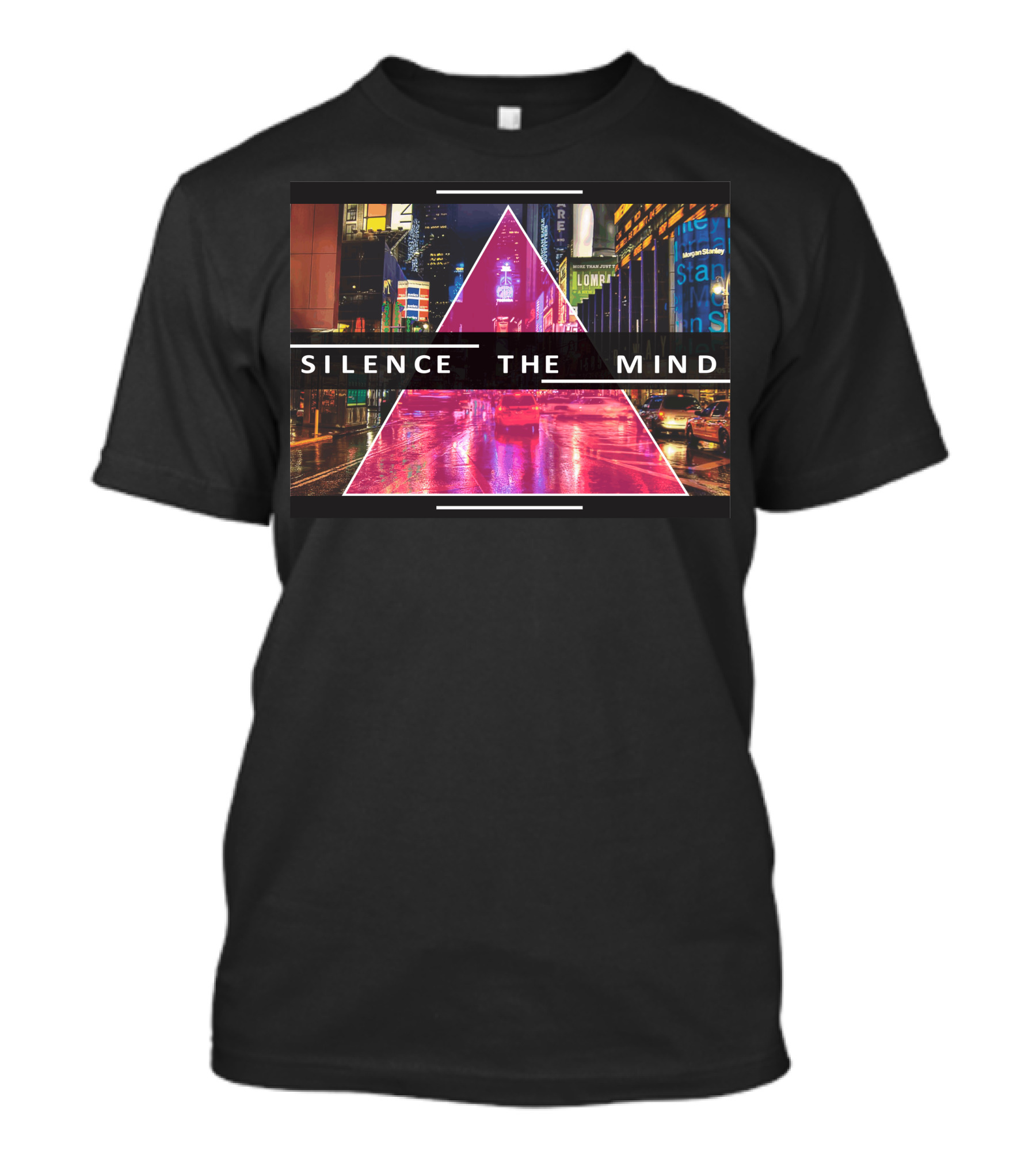 Silence The Mind Neon Cityscape Triangle Reflections T-Shirt