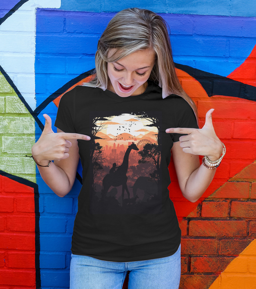 From Jungle To City Silhouette With Giraffe And Skyline T-Shirt
