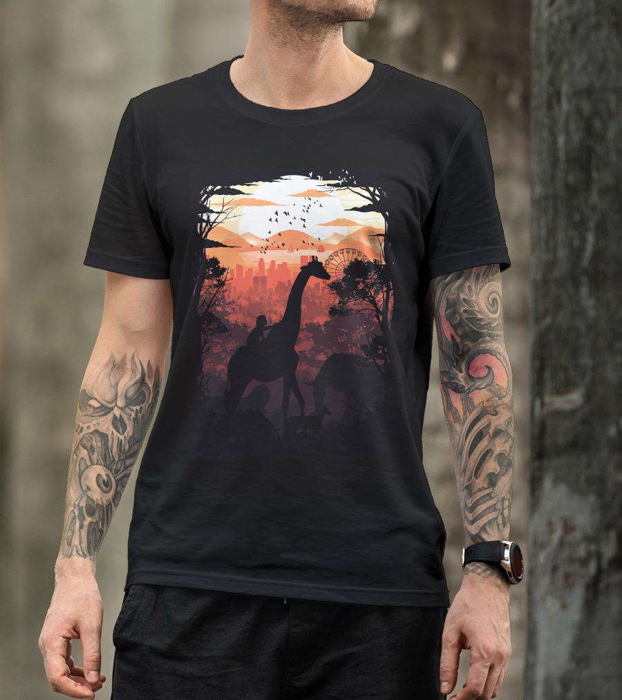 From Jungle To City Silhouette With Giraffe And Skyline T-Shirt