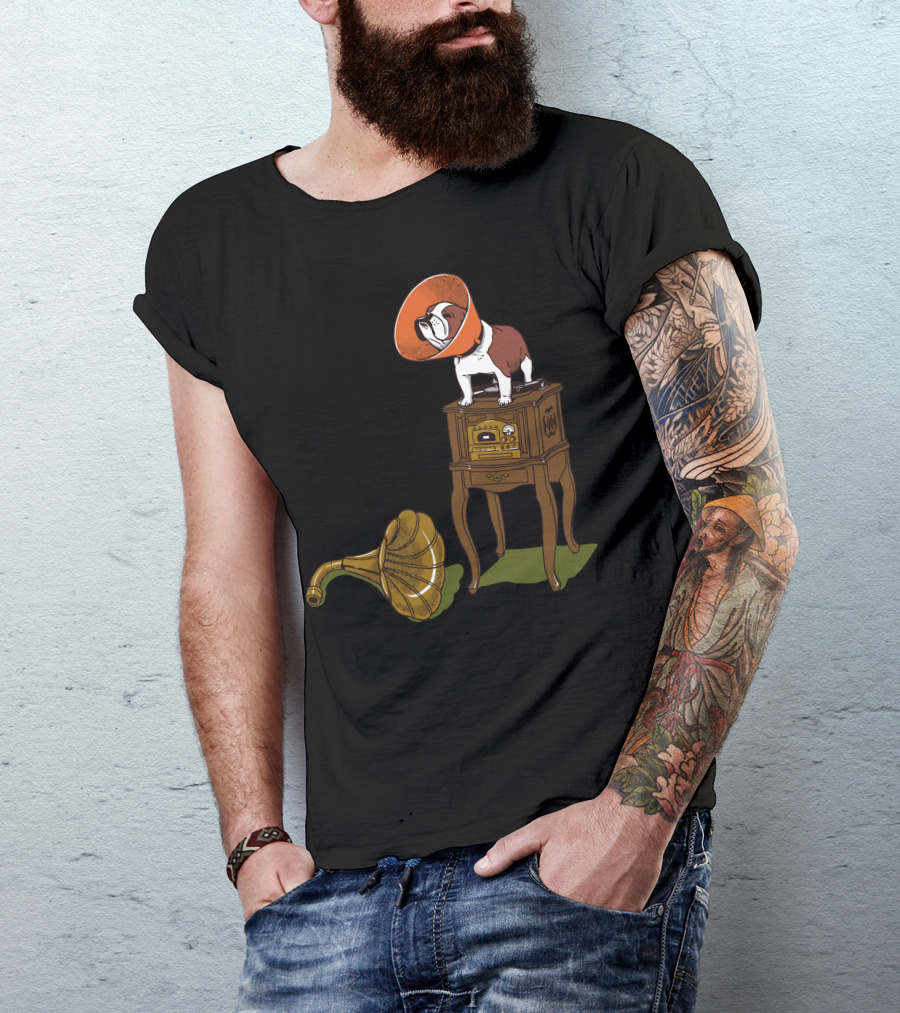 Gramodog Vintage Phonograph Bulldog With Cone Collar T-Shirt