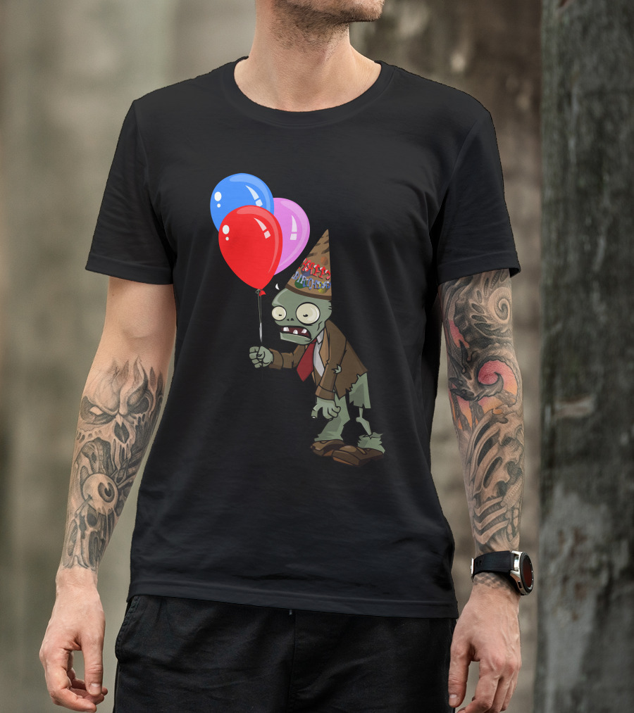 Plants Vs Zombies Birthday Zombie With Party Balloons And Hat T-Shirt