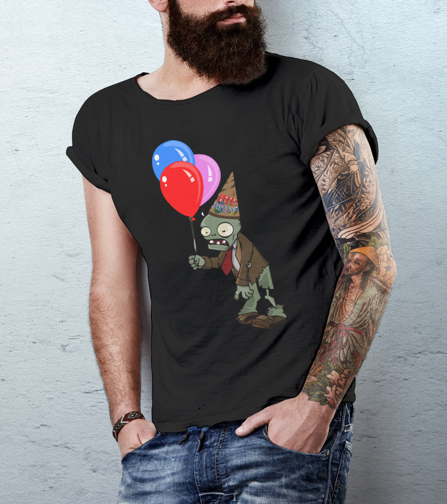 Plants Vs Zombies Birthday Zombie With Party Balloons And Hat T-Shirt