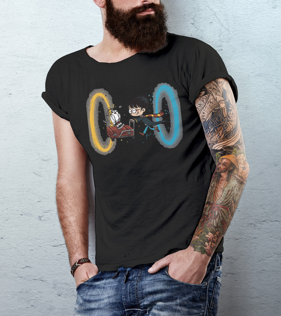 Harry Portal Magic Adventure With Luggage And Owl Through Portals T-Shirt