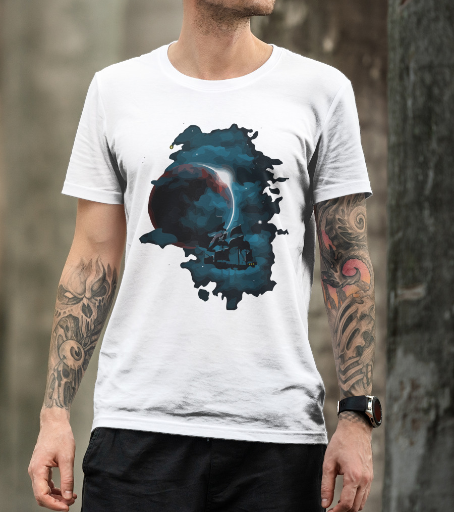 Pirate Spaceship Sailing Through Cosmic Nebula In Space Adventure T-Shirt