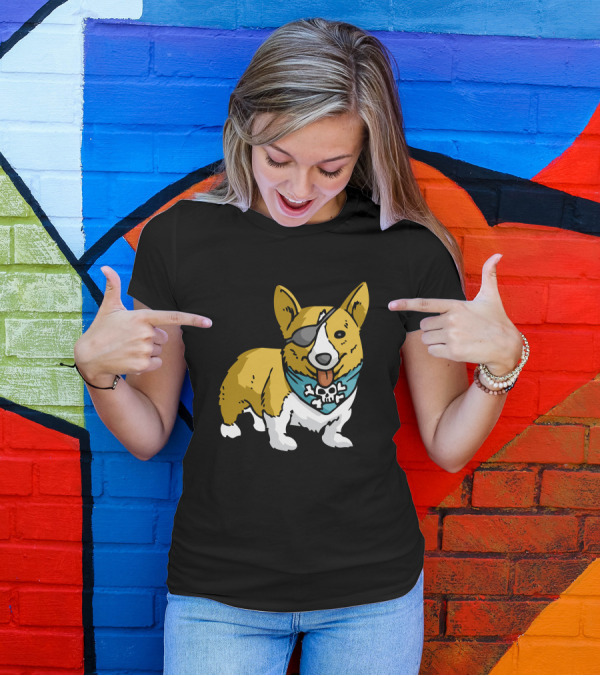 Corgi With Pirate Eye Patch And Skull Bandana T-Shirt