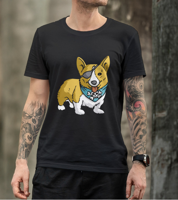 Corgi With Pirate Eye Patch And Skull Bandana T-Shirt