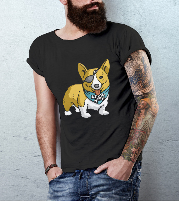 Corgi With Pirate Eye Patch And Skull Bandana T-Shirt