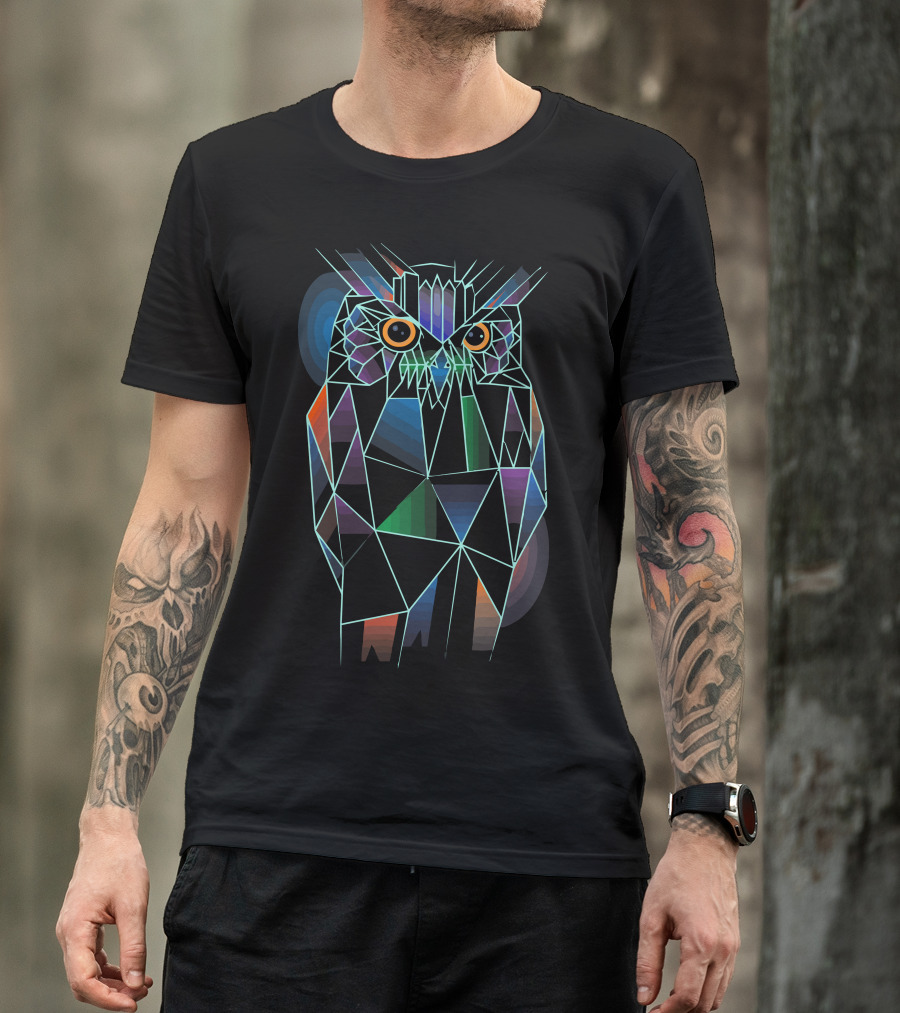 Polygonal Owl Geometric Prism Owl With Vibrant Spectrum Tech T-Shirt