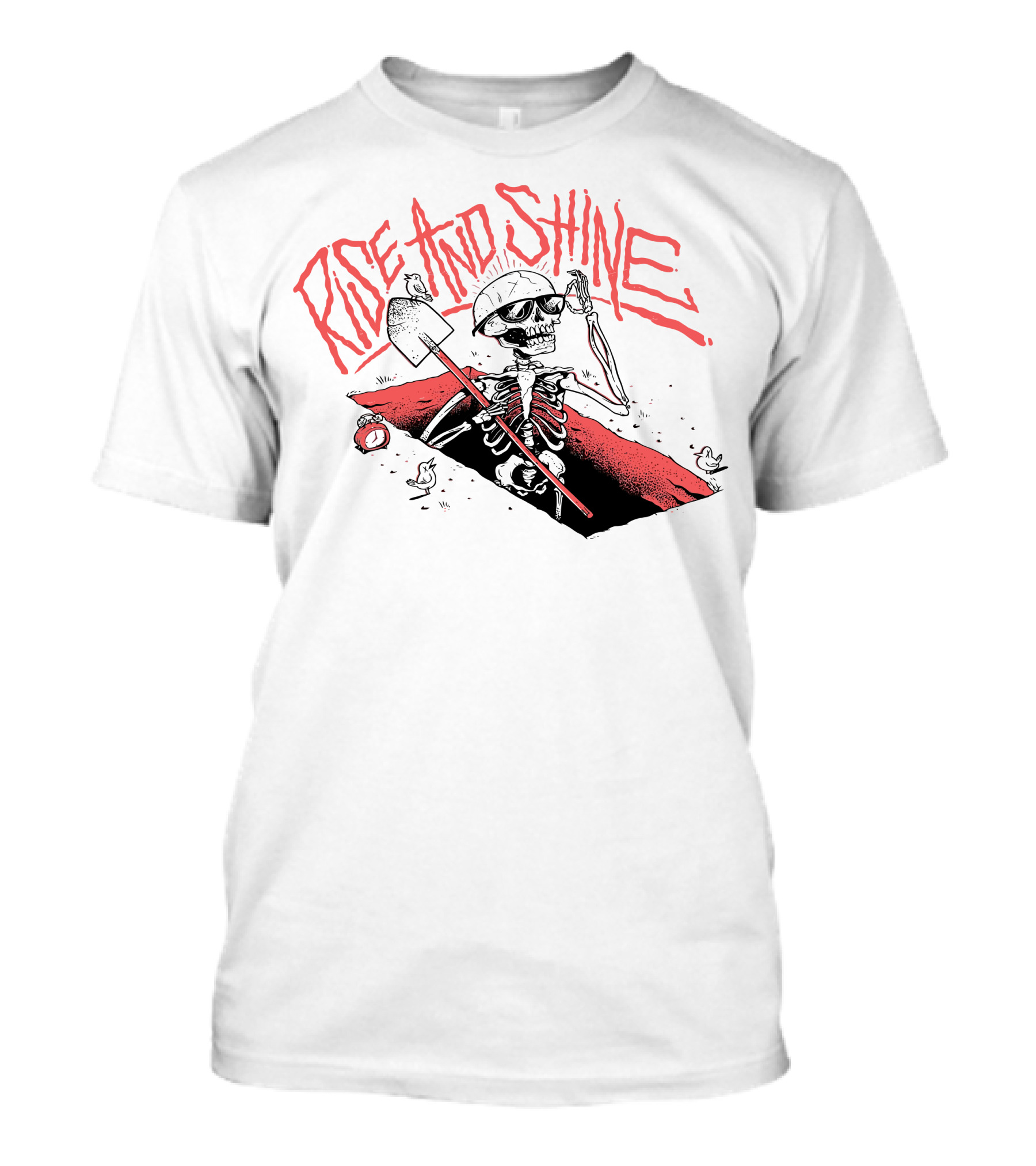 Rise And Shine Skeleton With Shovel Emerging From Grave With Clock And Crows T-Shirt