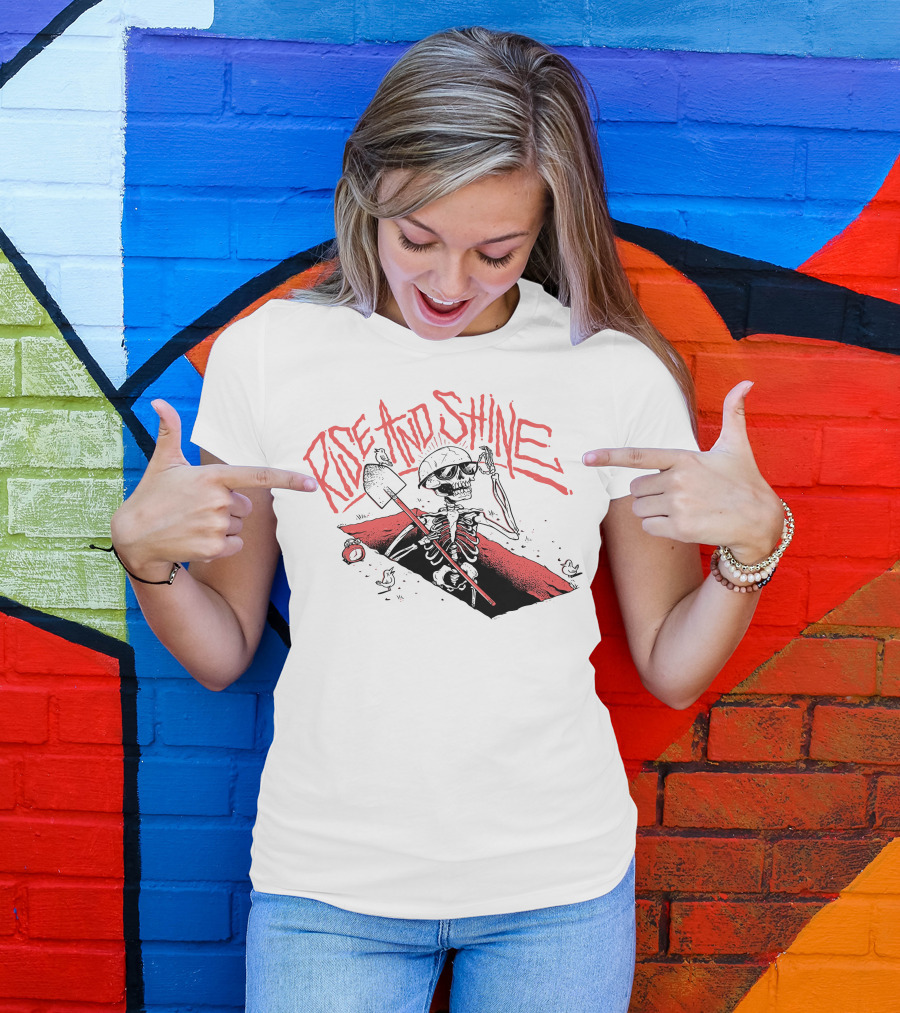 Rise And Shine Skeleton With Shovel Emerging From Grave With Clock And Crows T-Shirt