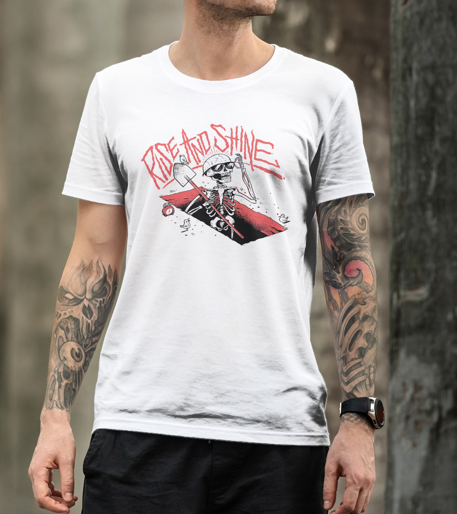 Rise And Shine Skeleton With Shovel Emerging From Grave With Clock And Crows T-Shirt