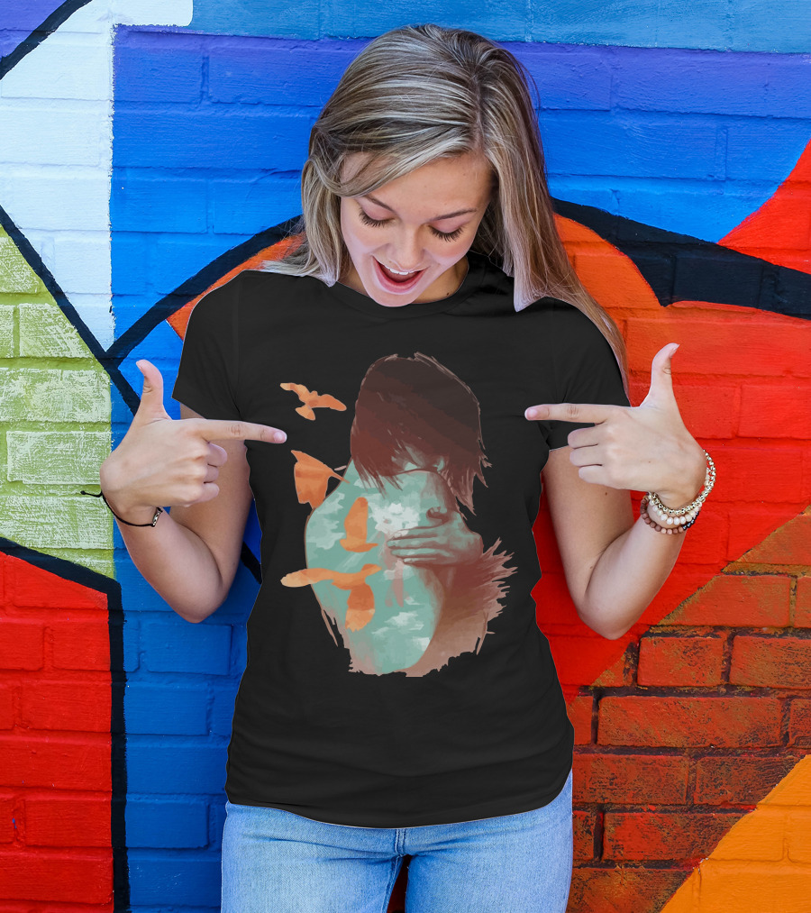 See It Through Embrace With Birds And Flowing Hair T-Shirt