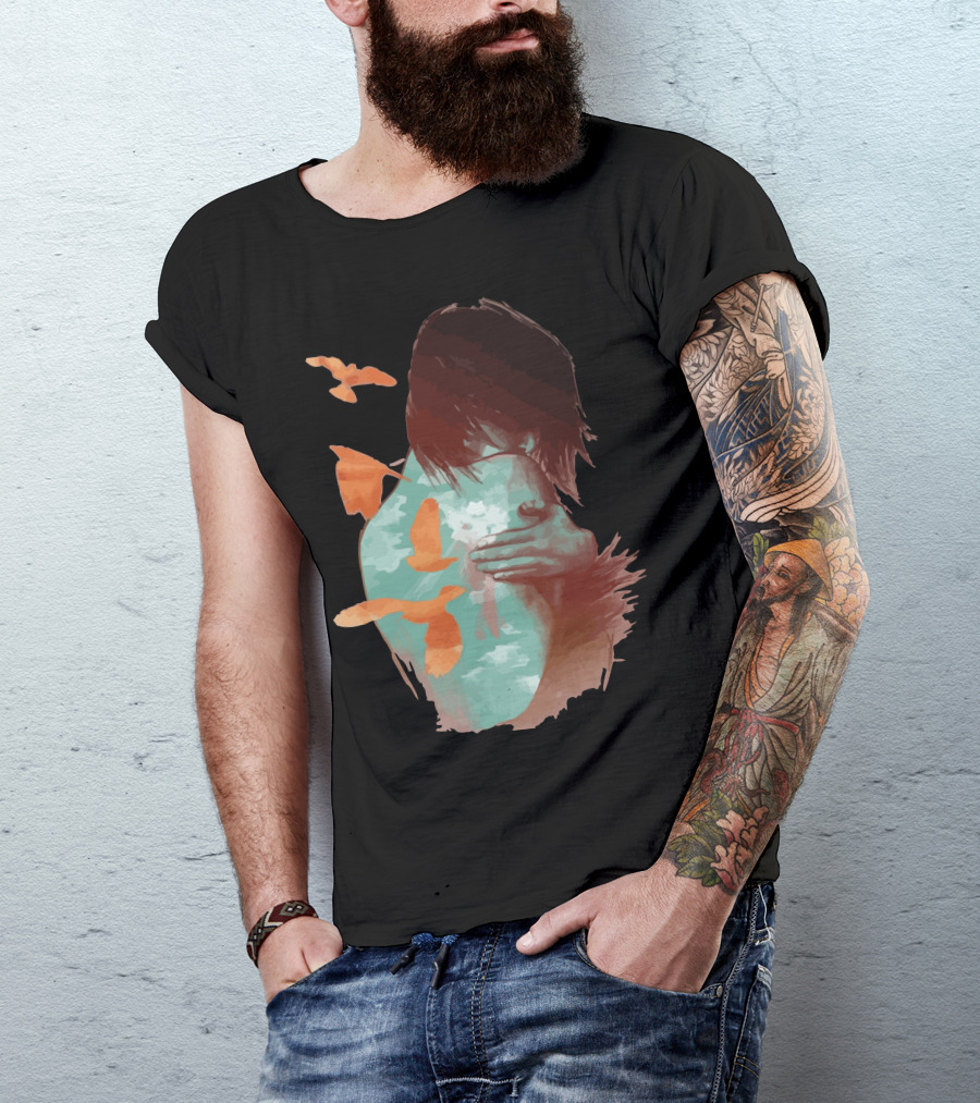 See It Through Embrace With Birds And Flowing Hair T-Shirt