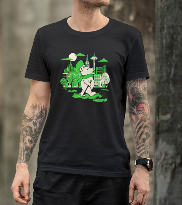 Bear About City Stroll With Green Scarf And Hat T-Shirt